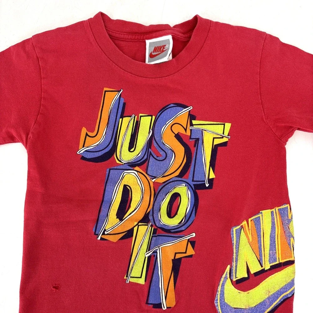 Nike‎ Vintage 90s T-shirt Kids Medium Just Do It Swoosh Made in USA Red FLAW*